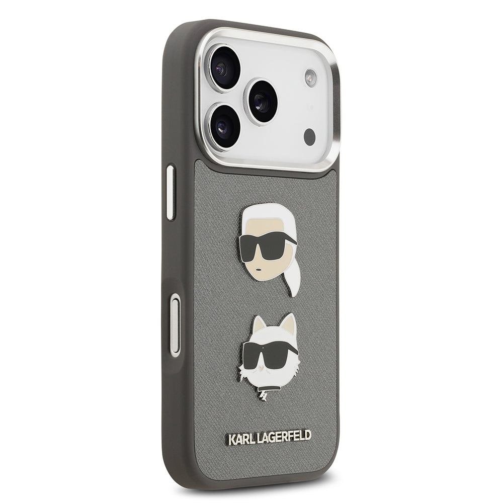 Apple iPhone 17 Pro Max Kılıf Karl Lagerfeld Orjinal Lisanslı Metal Logolu K&C Heads Pin Kapak Gri