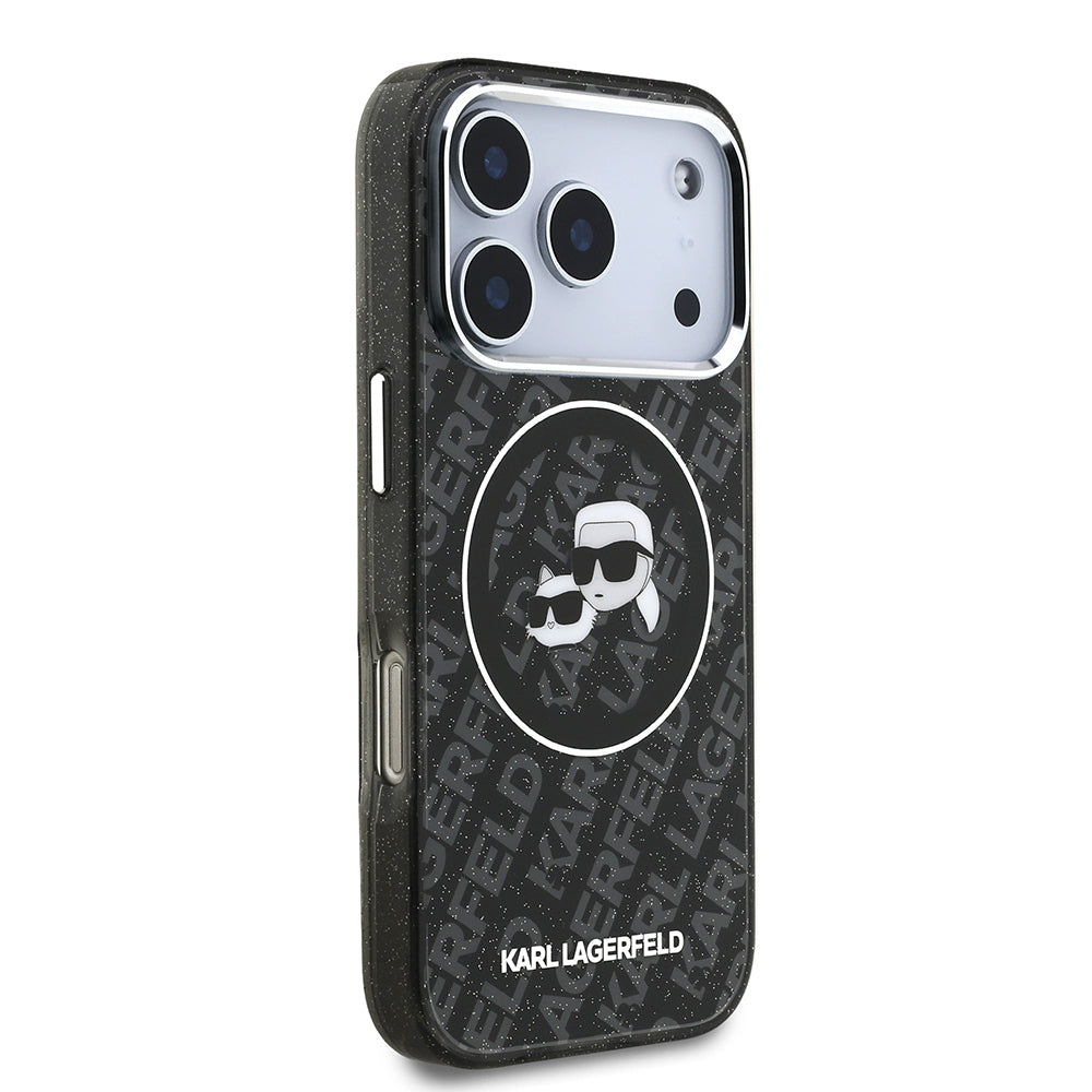 Apple iPhone 17 Pro Max Kılıf Karl Lagerfeld Orjinal Lisanslı Parlayan Simli Karl & Choupette Heads Kapak Siyah