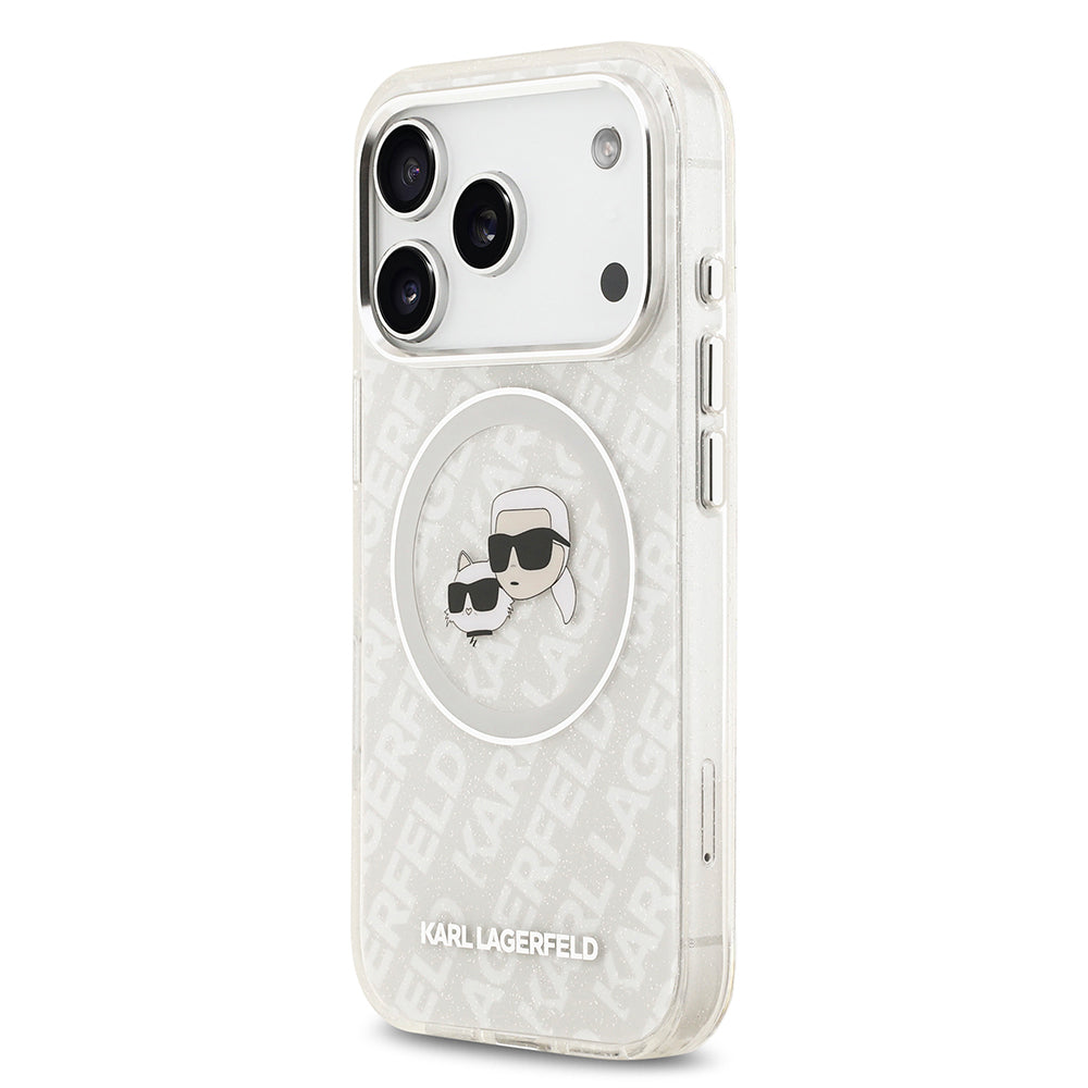 Apple iPhone 17 Pro Max Kılıf Karl Lagerfeld Orjinal Lisanslı Parlayan Simli Karl & Choupette Heads Kapak Gri