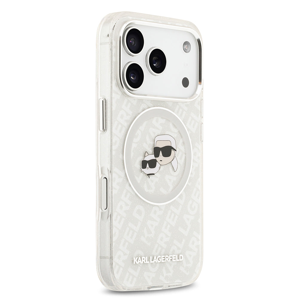 Apple iPhone 17 Pro Max Kılıf Karl Lagerfeld Orjinal Lisanslı Parlayan Simli Karl & Choupette Heads Kapak Gri