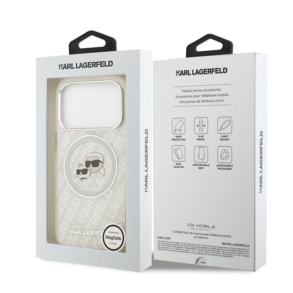 Apple iPhone 17 Pro Max Kılıf Karl Lagerfeld Orjinal Lisanslı Parlayan Simli Karl & Choupette Heads Kapak Gri