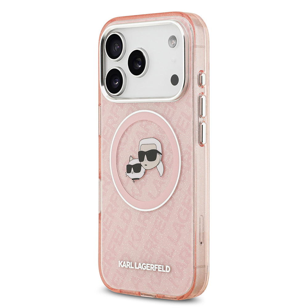 Apple iPhone 17 Pro Max Kılıf Karl Lagerfeld Orjinal Lisanslı Parlayan Simli Karl & Choupette Heads Kapak Pembe
