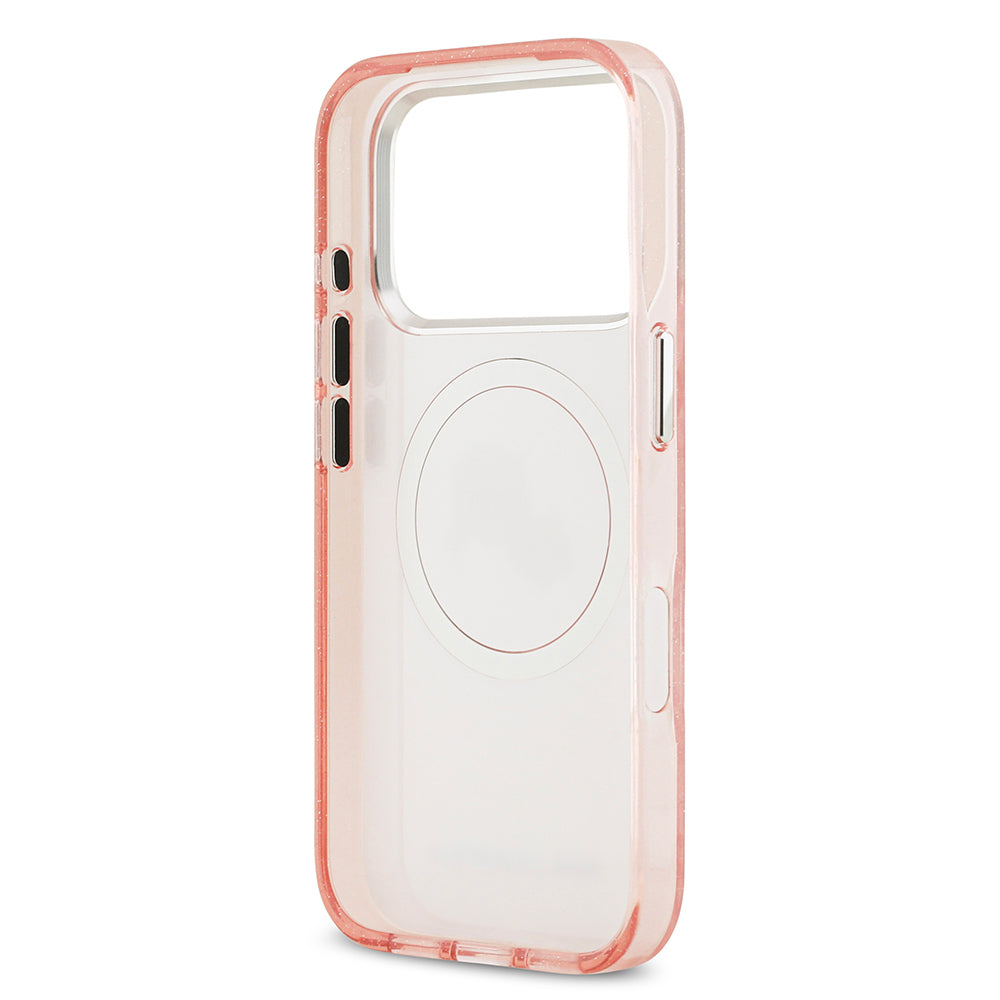 Apple iPhone 17 Pro Max Kılıf Karl Lagerfeld Orjinal Lisanslı Parlayan Simli Karl & Choupette Heads Kapak Pembe