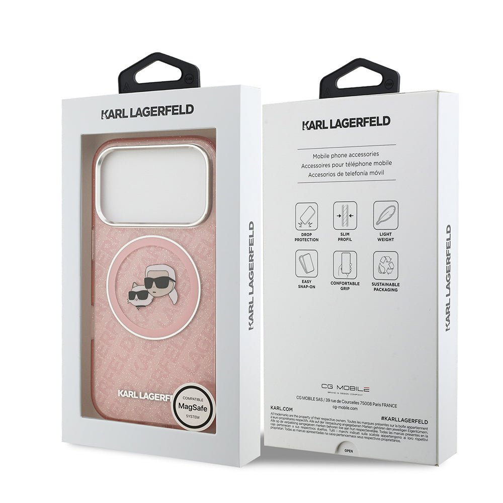 Apple iPhone 17 Pro Max Kılıf Karl Lagerfeld Orjinal Lisanslı Parlayan Simli Karl & Choupette Heads Kapak Pembe