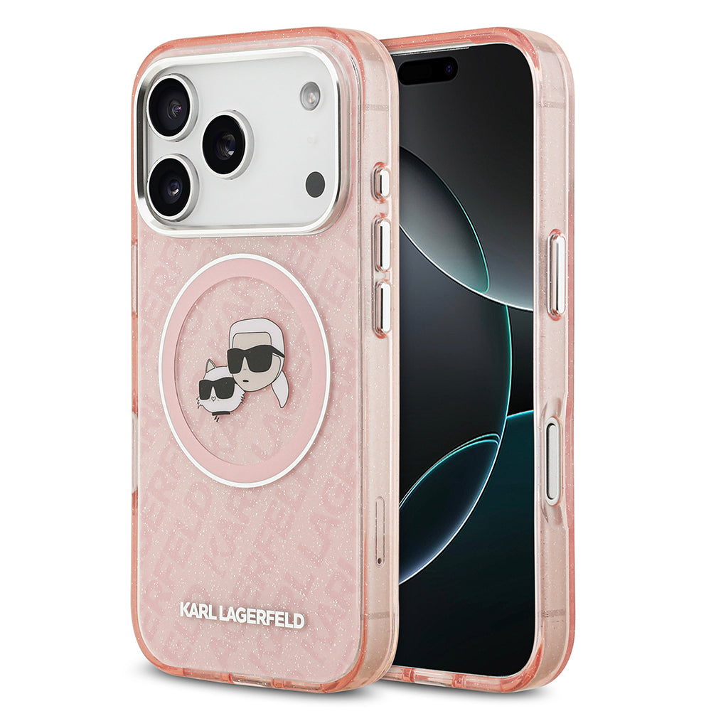 Apple iPhone 17 Pro Max Kılıf Karl Lagerfeld Orjinal Lisanslı Parlayan Simli Karl & Choupette Heads Kapak Pembe