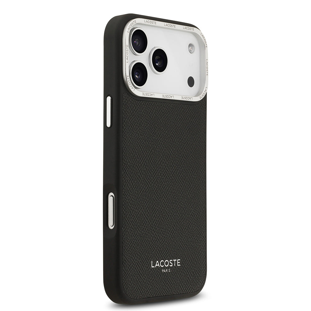 Apple iPhone 17 Pro Max Kılıf Lacoste Orjinal Lisanslı M-safe Şarj Özellikli Champs Elysees PU Deri Tasarımlı Kapak Siyah
