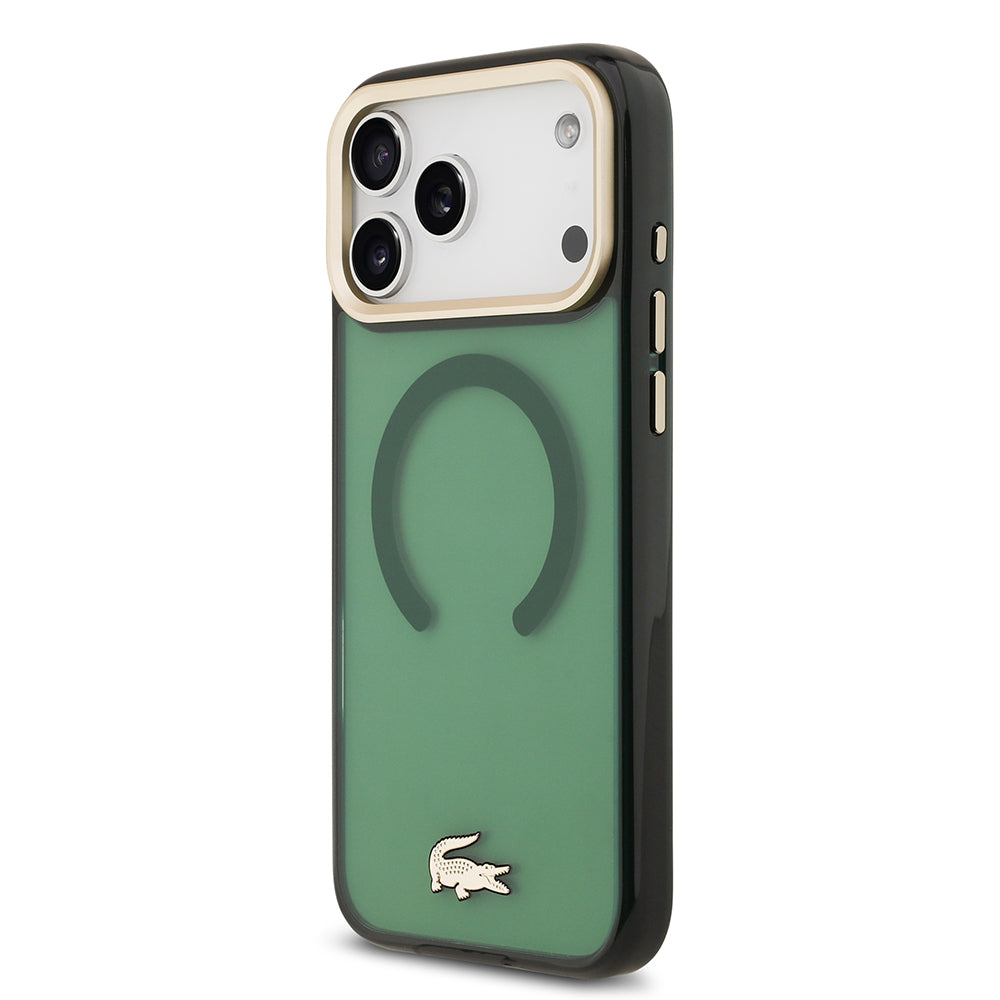 Apple iPhone 17 Pro Max Kılıf Lacoste Orjinal Lisanslı M-safe Şarj Özellikli Gold Timsah Logolu Buzlu Kapak Yeşil