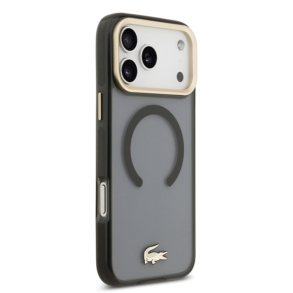 Apple iPhone 17 Pro Max Kılıf Lacoste Orjinal Lisanslı M-safe Şarj Özellikli Gold Timsah Logolu Buzlu Kapak Siyah
