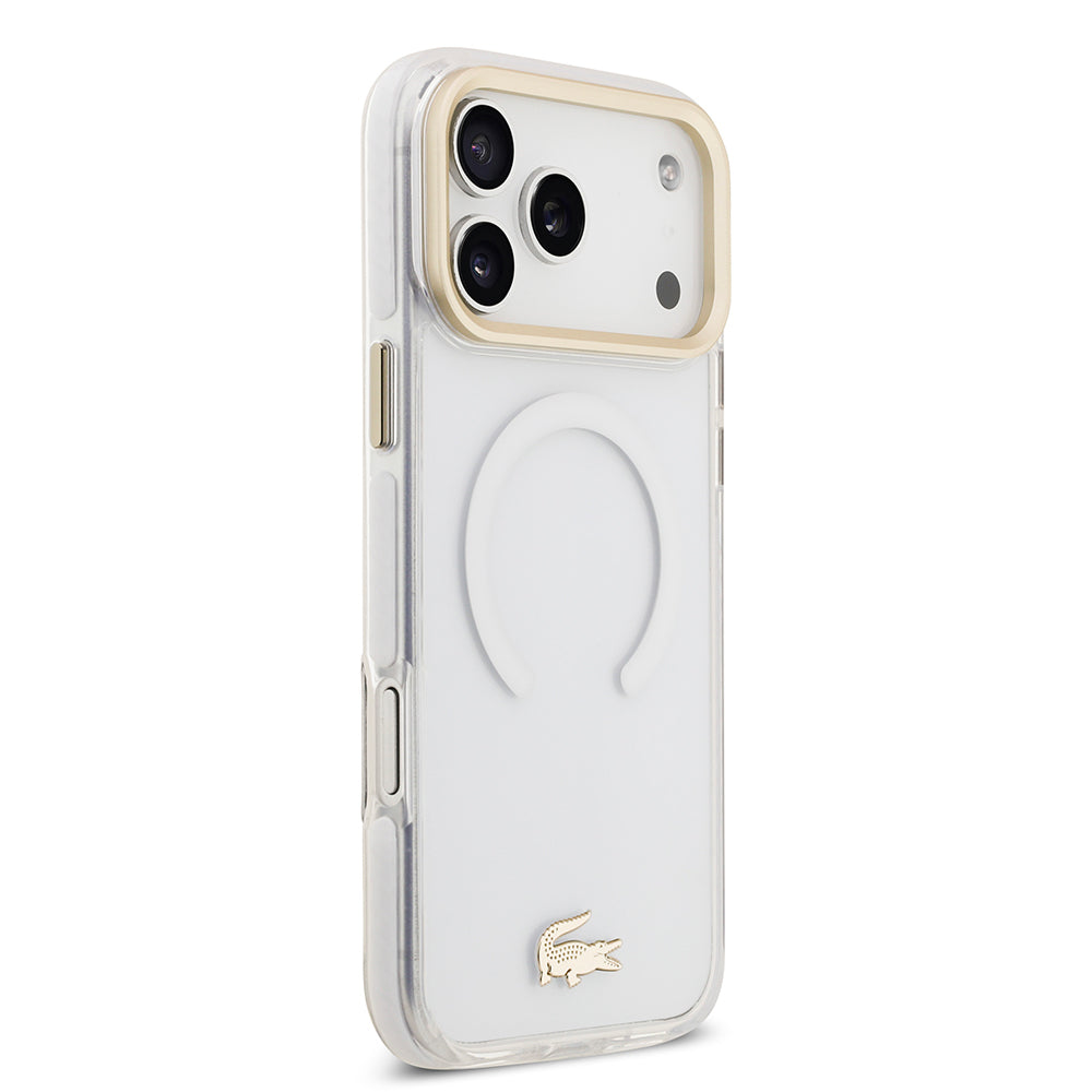 Apple iPhone 17 Pro Max Kılıf Lacoste Orjinal Lisanslı M-safe Şarj Özellikli Gold Timsah Logolu Buzlu Kapak Beyaz