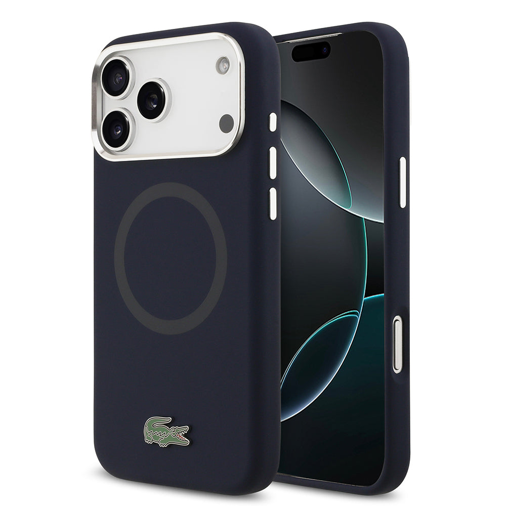 Apple iPhone 17 Pro Max Kılıf Lacoste Orjinal Lisanslı M-safe Şarj Özellikli İkonik Logolu Metal Kamera Çerçeveli Silikon Kapak Lacivert