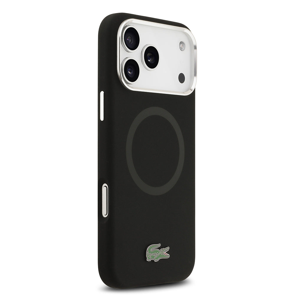 Apple iPhone 17 Pro Max Kılıf Lacoste Orjinal Lisanslı M-safe Şarj Özellikli İkonik Logolu Metal Kamera Çerçeveli Silikon Kapak Siyah