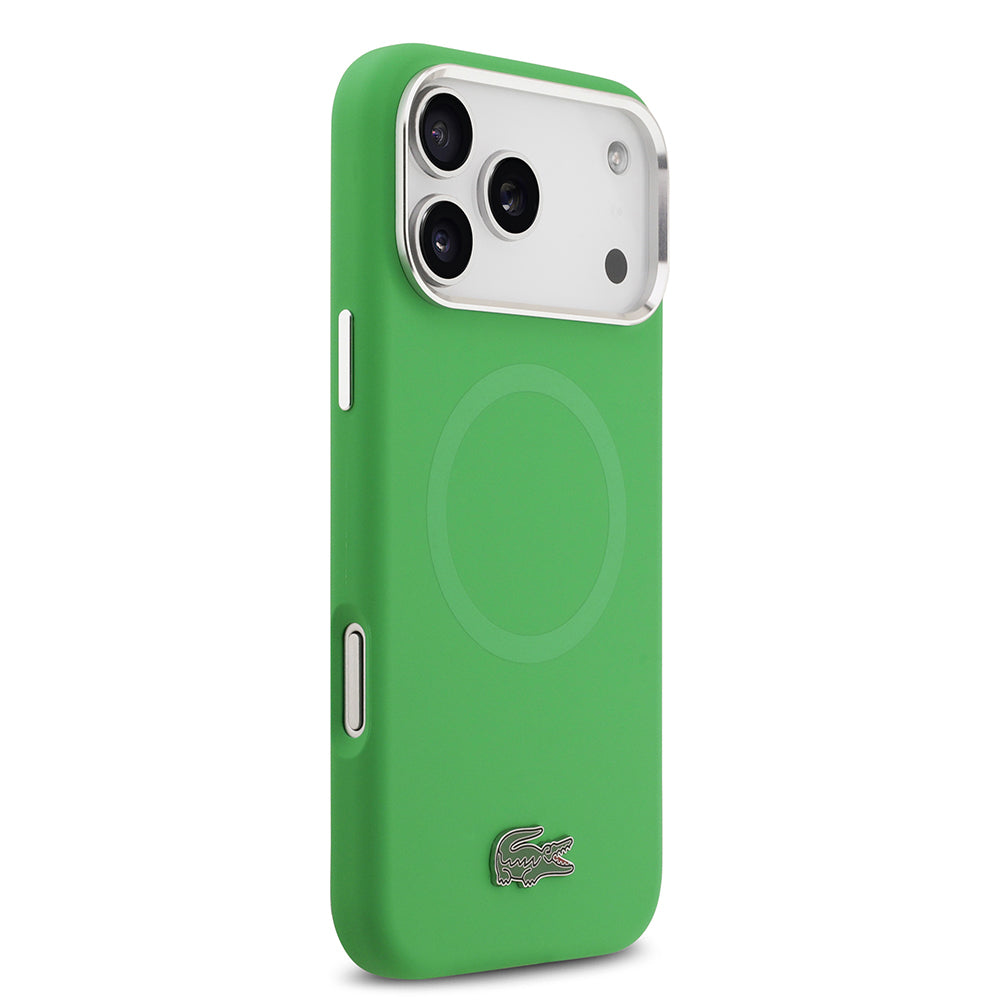 Apple iPhone 17 Pro Max Kılıf Lacoste Orjinal Lisanslı M-safe Şarj Özellikli İkonik Logolu Metal Kamera Çerçeveli Silikon Kapak Yeşil