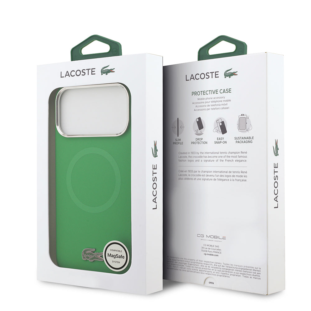 Apple iPhone 17 Pro Max Kılıf Lacoste Orjinal Lisanslı M-safe Şarj Özellikli İkonik Logolu Metal Kamera Çerçeveli Silikon Kapak Yeşil
