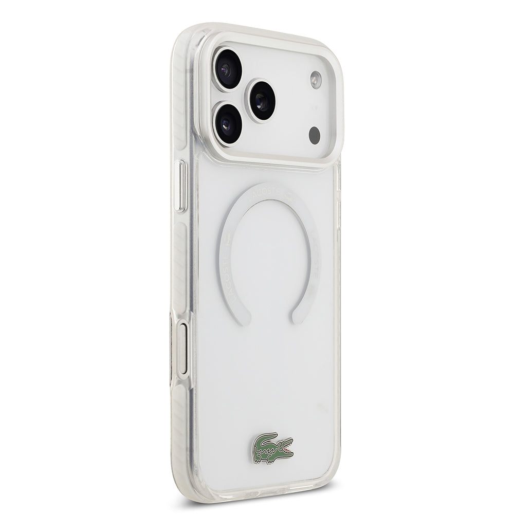 Apple iPhone 17 Pro Max Kılıf Lacoste Orjinal Lisanslı M-safe Şarj Özellikli İkonik Timsah Logolu Buzlu Kapak Beyaz