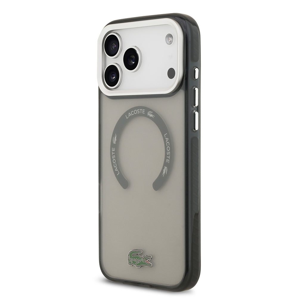 Apple iPhone 17 Pro Max Kılıf Lacoste Orjinal Lisanslı M-safe Şarj Özellikli İkonik Timsah Logolu Buzlu Kapak Gri