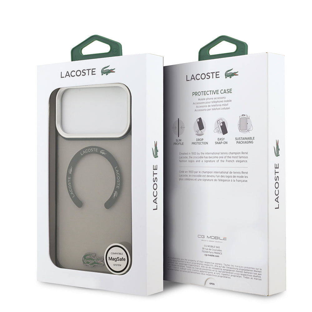Apple iPhone 17 Pro Max Kılıf Lacoste Orjinal Lisanslı M-safe Şarj Özellikli İkonik Timsah Logolu Buzlu Kapak Gri