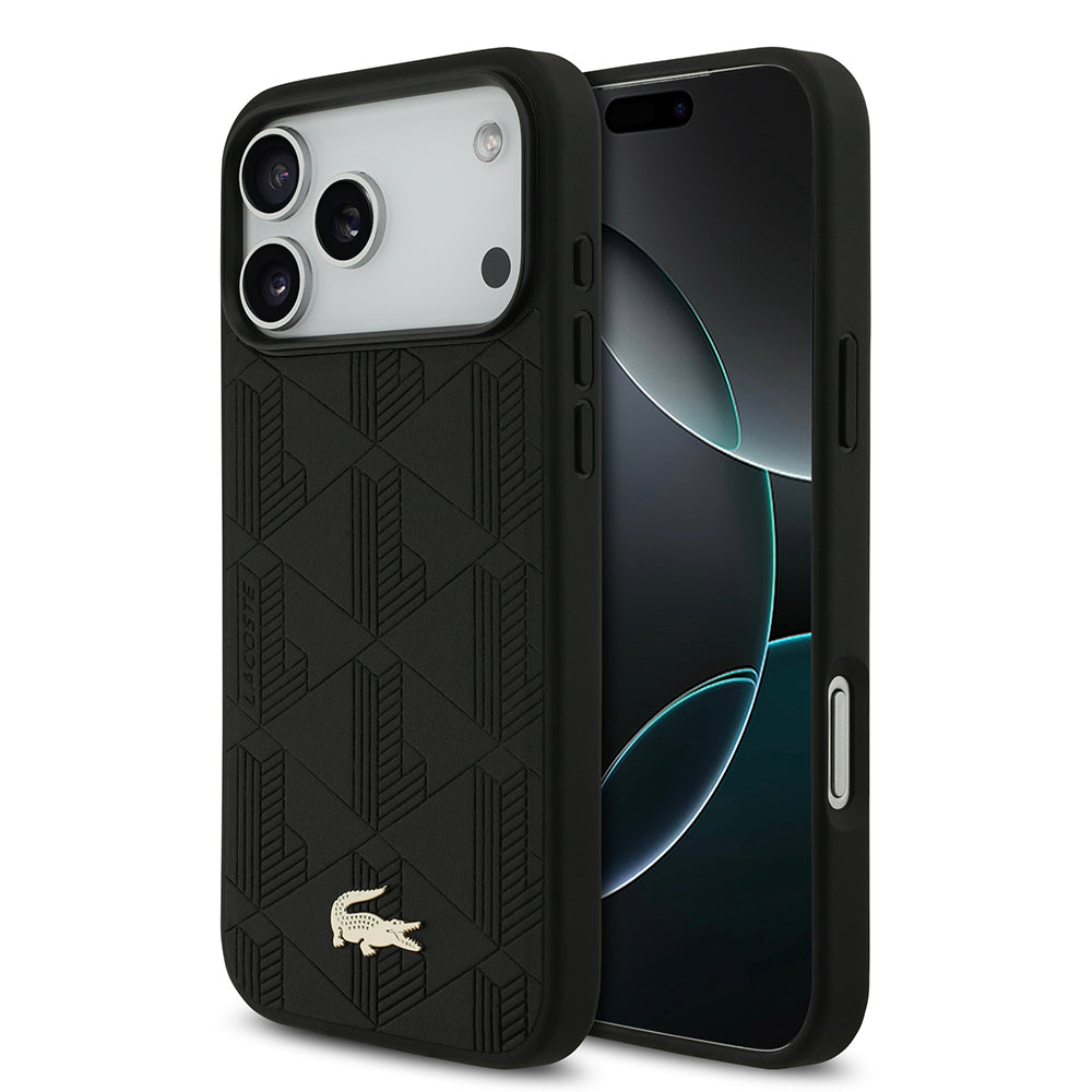 Apple iPhone 17 Pro Max Kılıf Lacoste Orjinal Lisanslı M-safe Şarj Özellikli PU Deri Tasarımlı Karışık Monogram Desenli Kapak Siyah