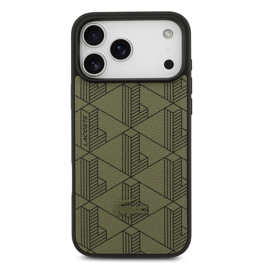 Apple iPhone 17 Pro Max Kılıf Lacoste Orjinal Lisanslı M-safe Şarj Özellikli PU Deri Tasarımlı Kartlıklı Karışık Monogram Desenli Kapak Yeşil