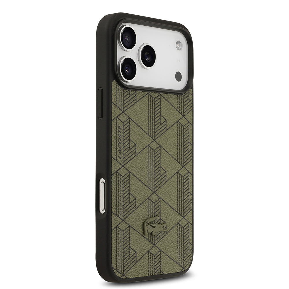 Apple iPhone 17 Pro Max Kılıf Lacoste Orjinal Lisanslı M-safe Şarj Özellikli PU Deri Tasarımlı Kartlıklı Karışık Monogram Desenli Kapak Yeşil