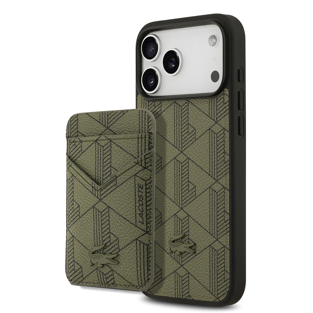 Apple iPhone 17 Pro Max Kılıf Lacoste Orjinal Lisanslı M-safe Şarj Özellikli PU Deri Tasarımlı Kartlıklı Karışık Monogram Desenli Kapak Siyah
