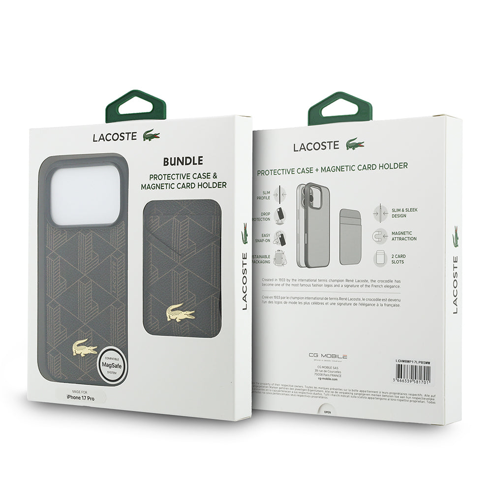 Apple iPhone 17 Pro Max Kılıf Lacoste Orjinal Lisanslı M-safe Şarj Özellikli PU Deri Tasarımlı Kartlıklı Karışık Monogram Desenli Kapak Kahverengi
