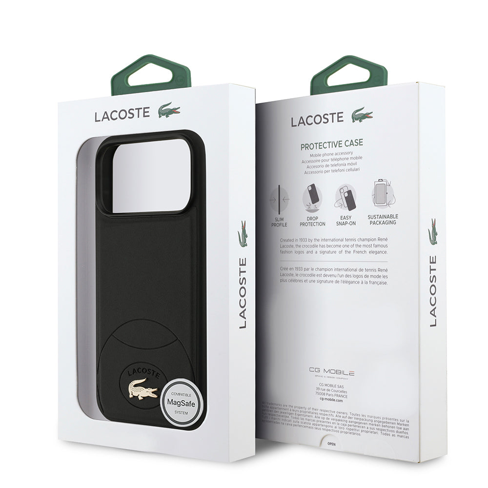 Apple iPhone 17 Pro Max Kılıf Lacoste Orjinal Lisanslı M-safe Şarj Özellikli PU Deri Tasarımlı Metal Logolu Kapak Siyah
