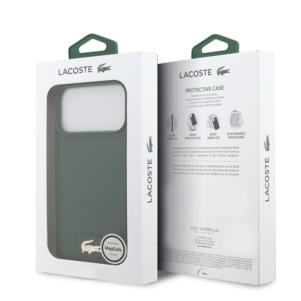 Apple iPhone 17 Pro Max Kılıf Lacoste Orjinal Lisanslı M-safe Şarj Özellikli PU Deri Tasarımlı Metal Logolu Kapak Yeşil