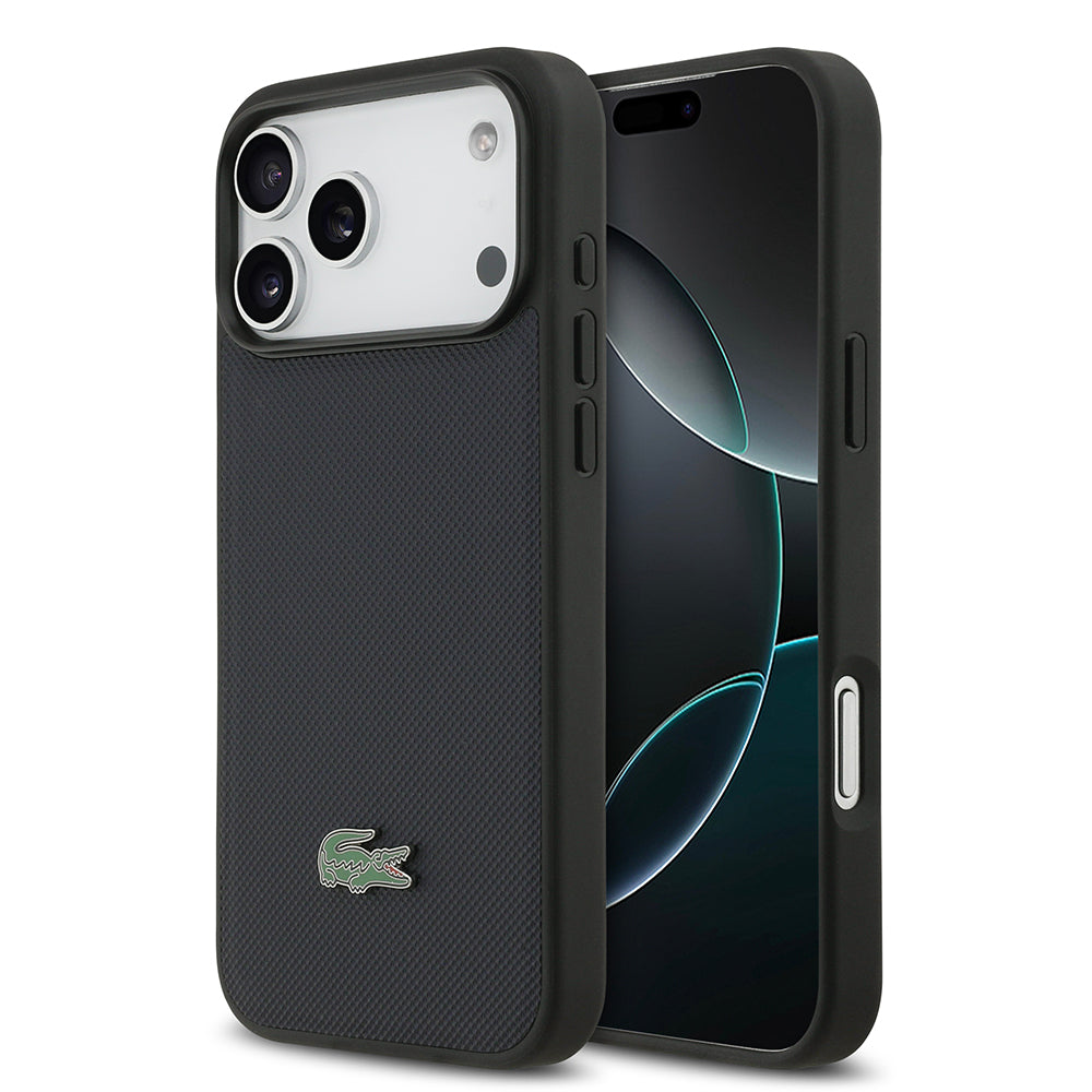 Apple iPhone 17 Pro Max Kılıf Lacoste Orjinal Lisanslı M-safe Şarj Özellikli PU Pike Desenli Metal Logolu Kapak Lacivert