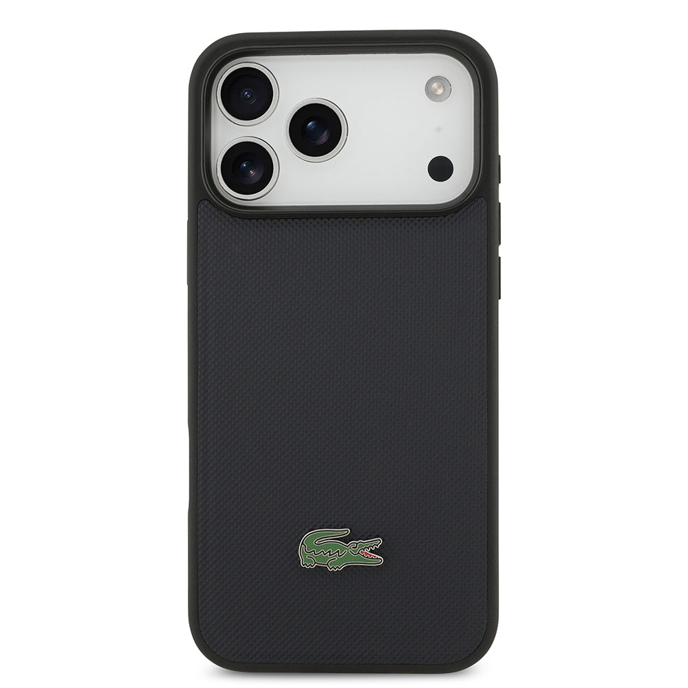 Apple iPhone 17 Pro Max Kılıf Lacoste Orjinal Lisanslı M-safe Şarj Özellikli PU Pike Desenli Metal Logolu Kapak Lacivert