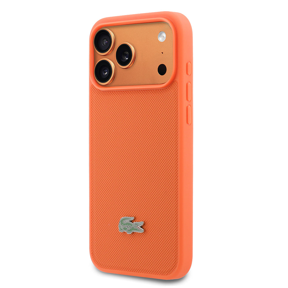 Apple iPhone 17 Pro Max Kılıf Lacoste Orjinal Lisanslı M-safe Şarj Özellikli PU Pike Desenli Metal Logolu Kapak Turuncu
