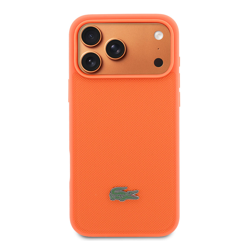 Apple iPhone 17 Pro Max Kılıf Lacoste Orjinal Lisanslı M-safe Şarj Özellikli PU Pike Desenli Metal Logolu Kapak Turuncu