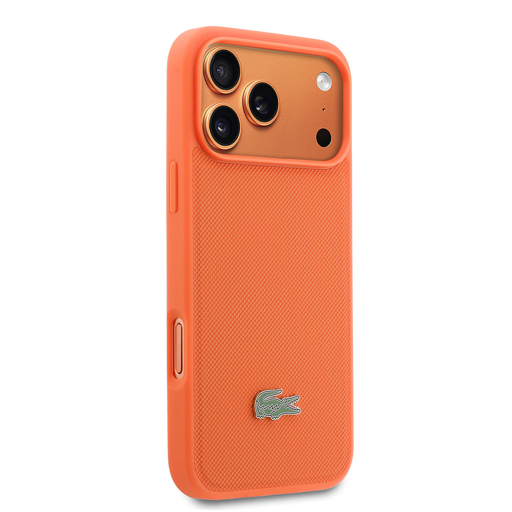 Apple iPhone 17 Pro Max Kılıf Lacoste Orjinal Lisanslı M-safe Şarj Özellikli PU Pike Desenli Metal Logolu Kapak Turuncu