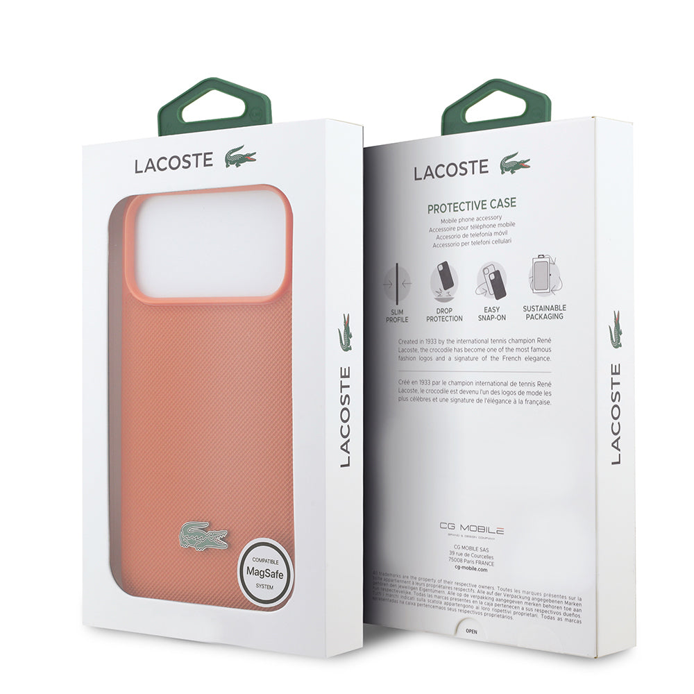 Apple iPhone 17 Pro Max Kılıf Lacoste Orjinal Lisanslı M-safe Şarj Özellikli PU Pike Desenli Metal Logolu Kapak Turuncu