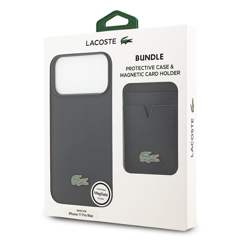 Apple iPhone 17 Pro Max Kılıf Lacoste Orjinal Lisanslı M-safe Şarj Özellikli PU Pike Desenli Metal Logolu Kartlıklı Kapak Lacivert