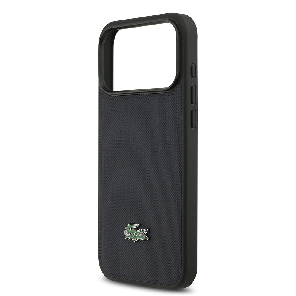 Apple iPhone 17 Pro Max Kılıf Lacoste Orjinal Lisanslı M-safe Şarj Özellikli PU Pike Desenli Metal Logolu Kartlıklı Kapak Lacivert