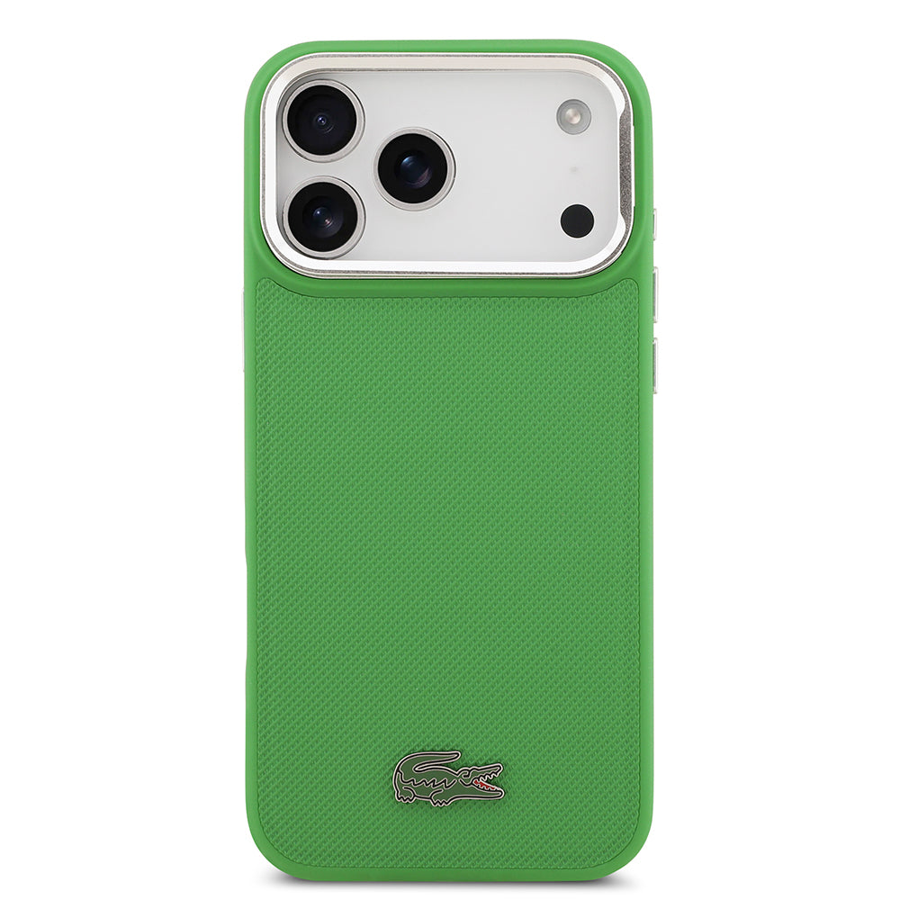 Apple iPhone 17 Pro Max Kılıf Lacoste Orjinal Lisanslı M-safe Şarj Özellikli PU Pike Desenli Standlı Metal Logolu Kapak Yeşil