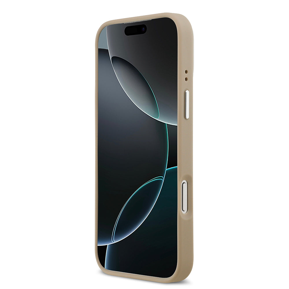 Apple iPhone 17 Pro Max Kılıf Lacoste Orjinal Lisanslı M-safe Şarj Özellikli PU Pike Desenli Standlı Metal Logolu Kapak Bej