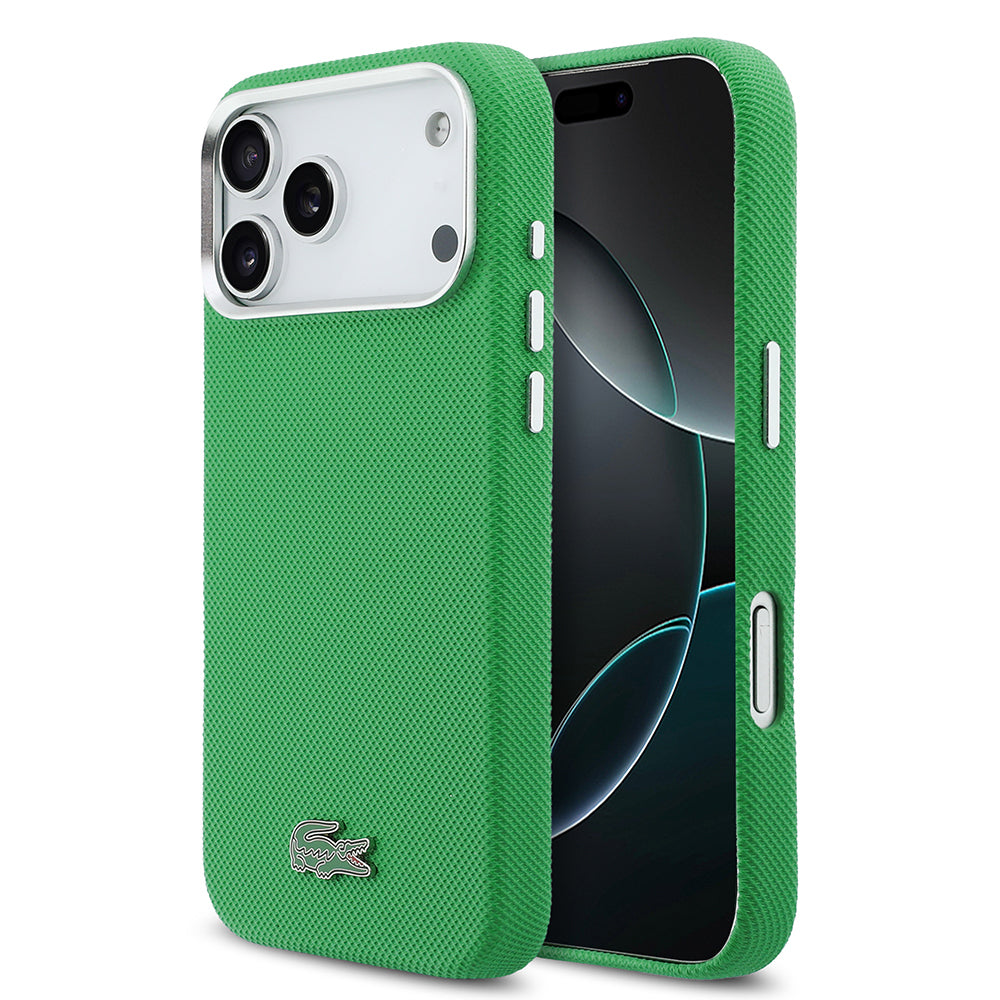 Apple iPhone 17 Pro Max Kılıf Lacoste Orjinal Lisanslı M-Safe Şarj Özellikli PVC Pike Desenli Arka Yüzey İkonik Timsah Dokuma Logolu Kapak Yeşil