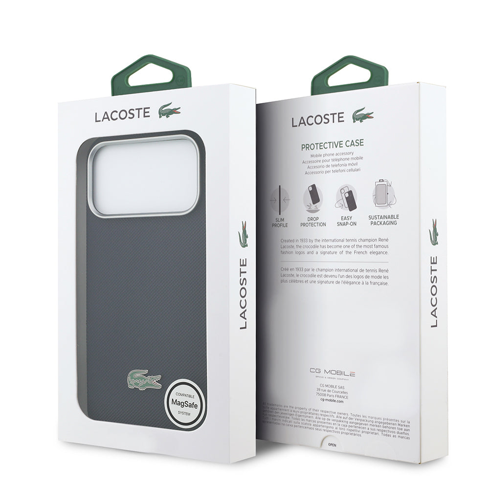 Apple iPhone 17 Pro Max Kılıf Lacoste Orjinal Lisanslı M-Safe Şarj Özellikli PVC Yarı Pike Desenli Arka Yüzey İkonik Timsah Dokuma Logolu Kapak Lacivert