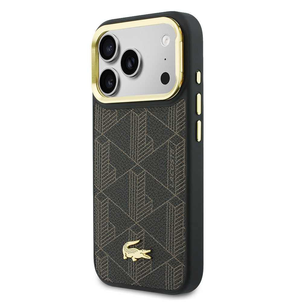 Apple iPhone 17 Pro Max Kılıf Lacoste Orjinal Lisanslı M-safe Şarj Özellikli Standlı PU Deri Karışık Monogram Desenli Kapak Kahverengi