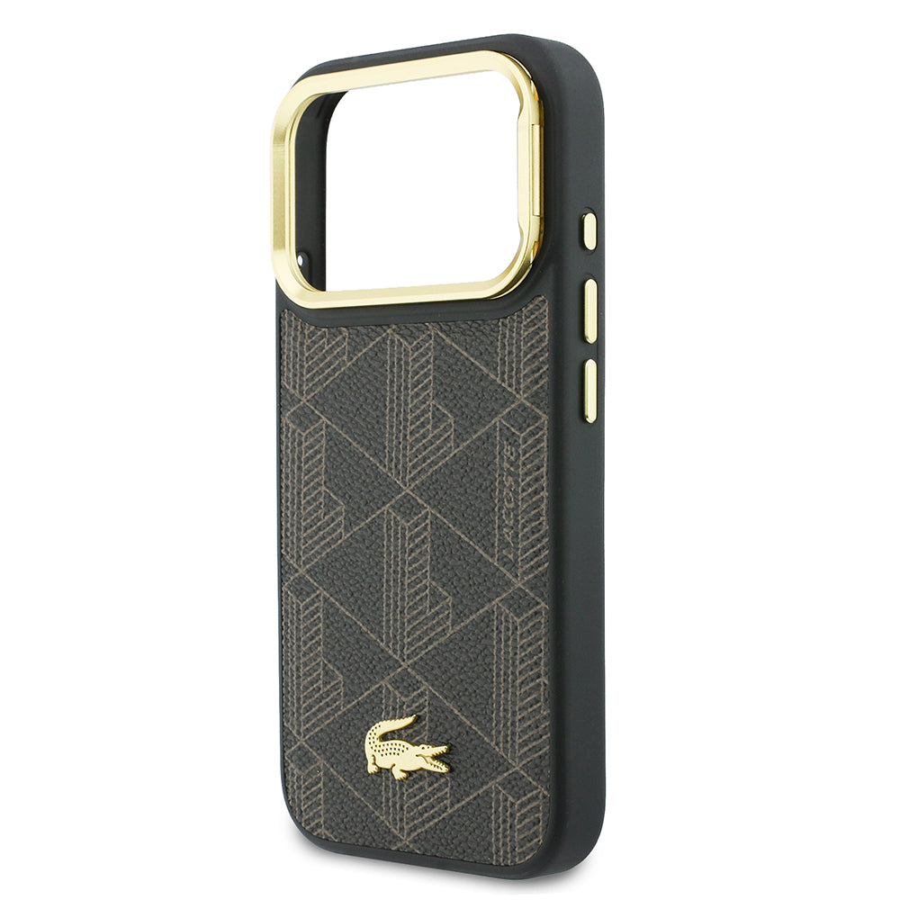 Apple iPhone 17 Pro Max Kılıf Lacoste Orjinal Lisanslı M-safe Şarj Özellikli Standlı PU Deri Karışık Monogram Desenli Kapak Kahverengi