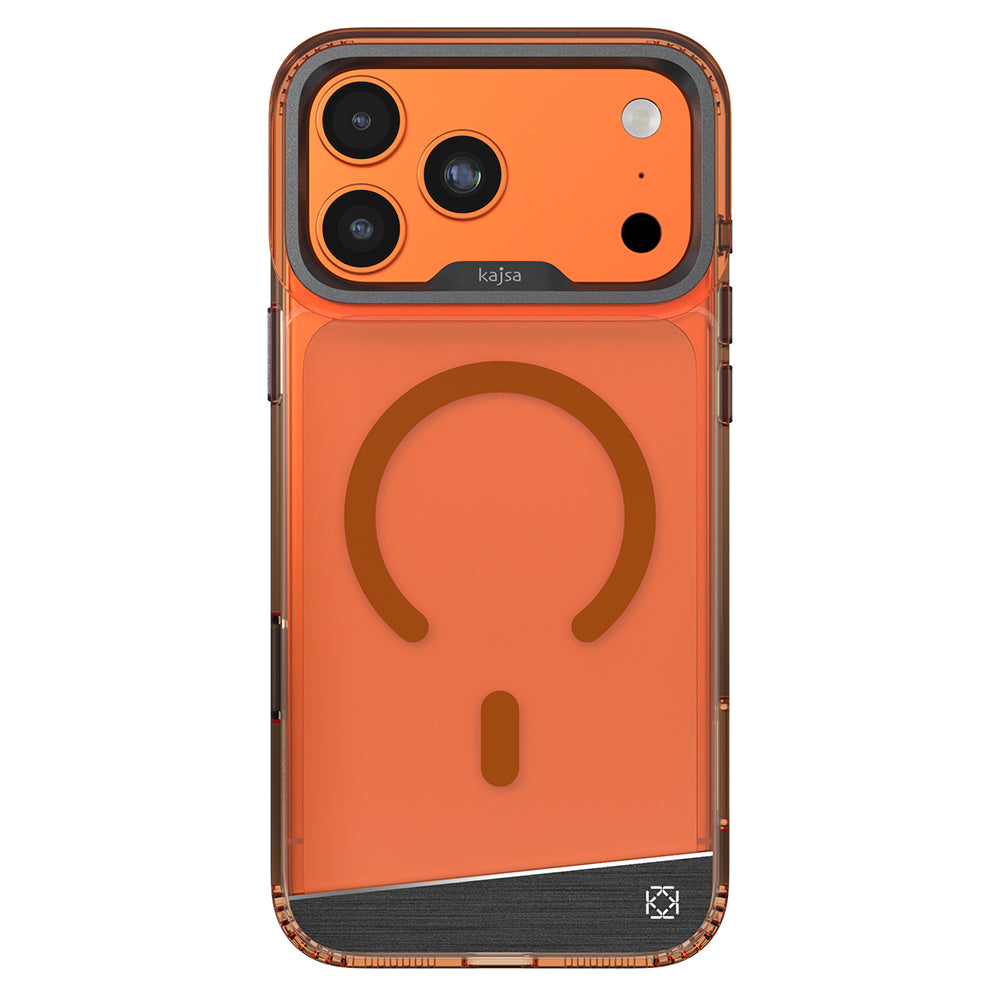 Apple iPhone 17 Pro Max Kılıf M-safe Şarj Özellikli Airbag Tasarımlı O-Ring Şeffaf Kajsa Alüminyum Trans Shield Serisi Kapak Turuncu-Gri