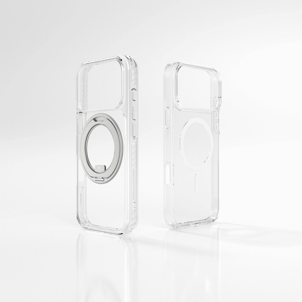 Apple iPhone 17 Pro Max Kılıf M-Safe Şarj Özellikli Airbag Tasarımlı Standlı AmazingThing Titan Pro MagSpin Kapak Şeffaf