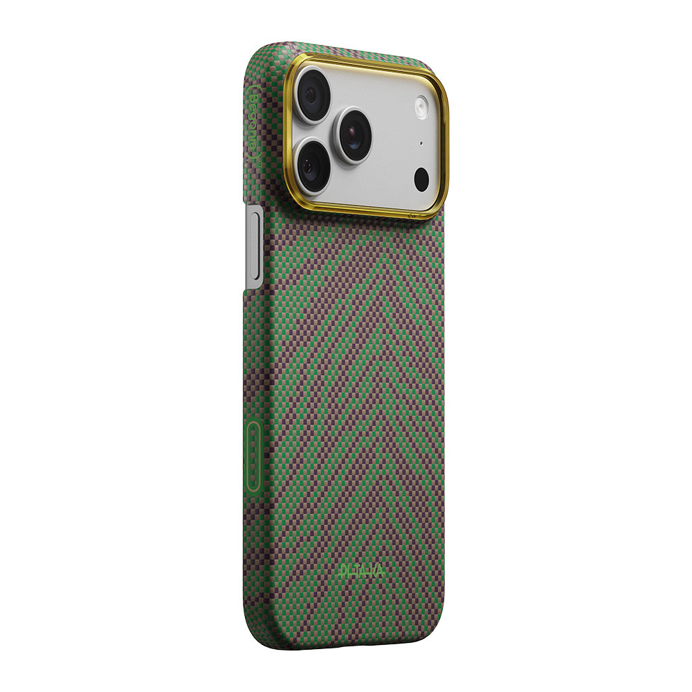 Apple iPhone 17 Pro Max Kılıf M-safe Şarj Özellikli Aramid Fiber Pitaka Breath of Veins Serisi Kapak Yeşil-Mor