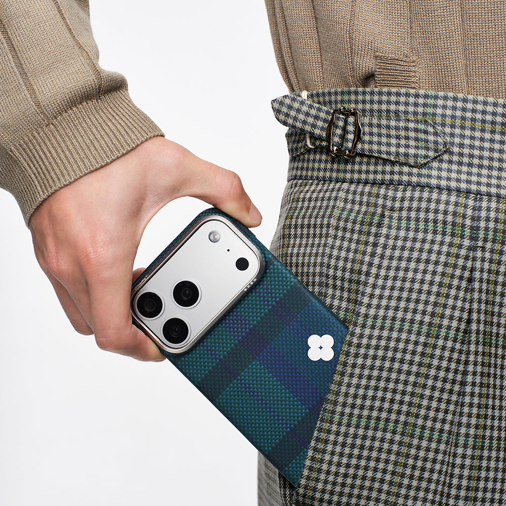 Apple iPhone 17 Pro Max Kılıf M-safe Şarj Özellikli Aramid Fiber Pitaka Flora in Grid Serisi Kapak Mavi