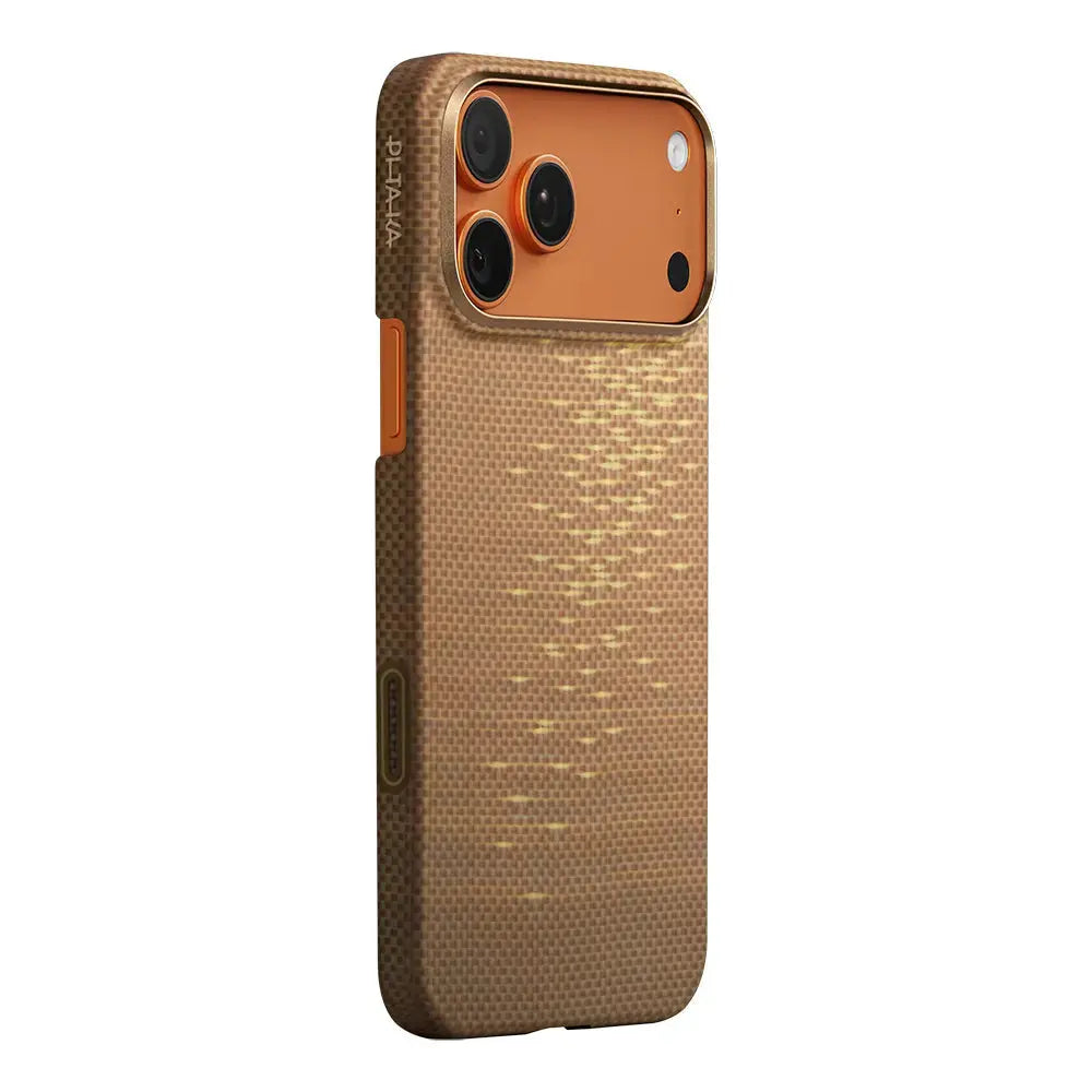 Apple iPhone 17 Pro Max Kılıf M-safe Şarj Özellikli Aramid Fiber Pitaka Glints of Gold Ultra Slim Serisi Gold Kapak