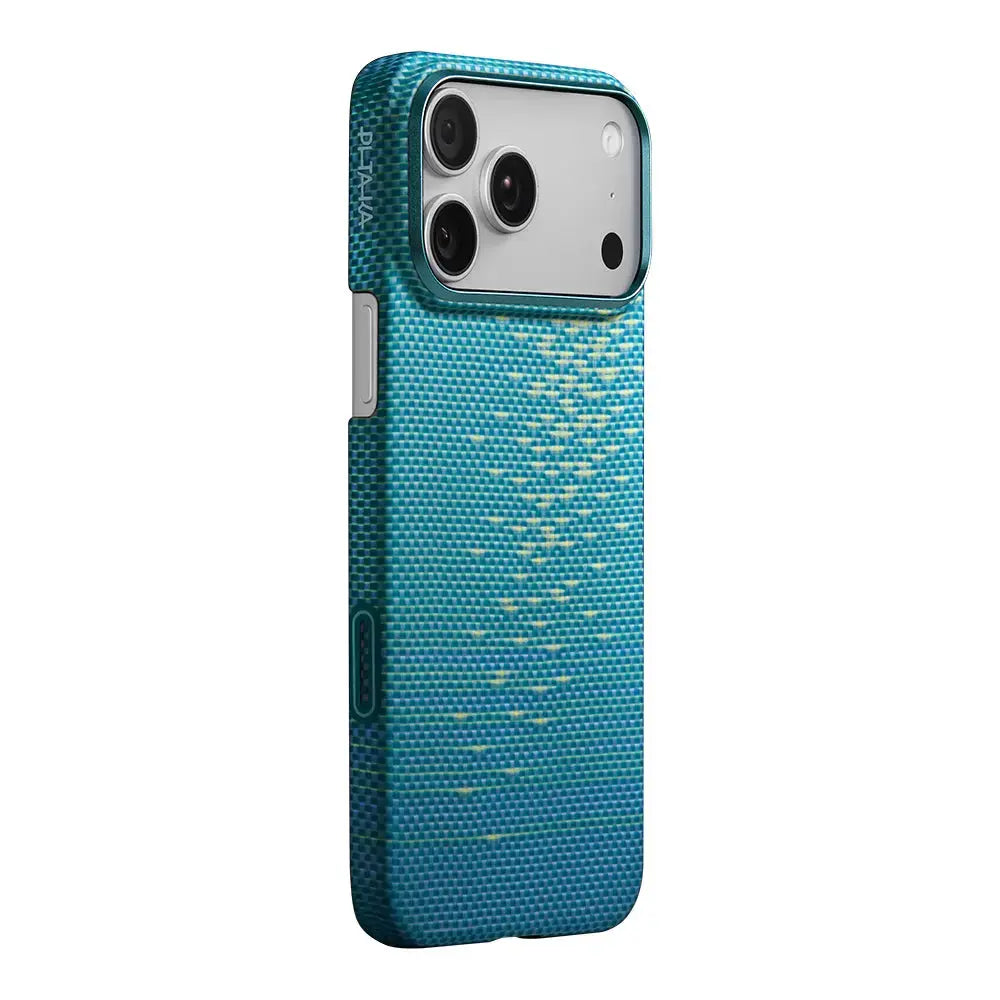 Apple iPhone 17 Pro Max Kılıf M-safe Şarj Özellikli Aramid Fiber Pitaka Glints of Gold Ultra Slim Serisi Mavi Kapak