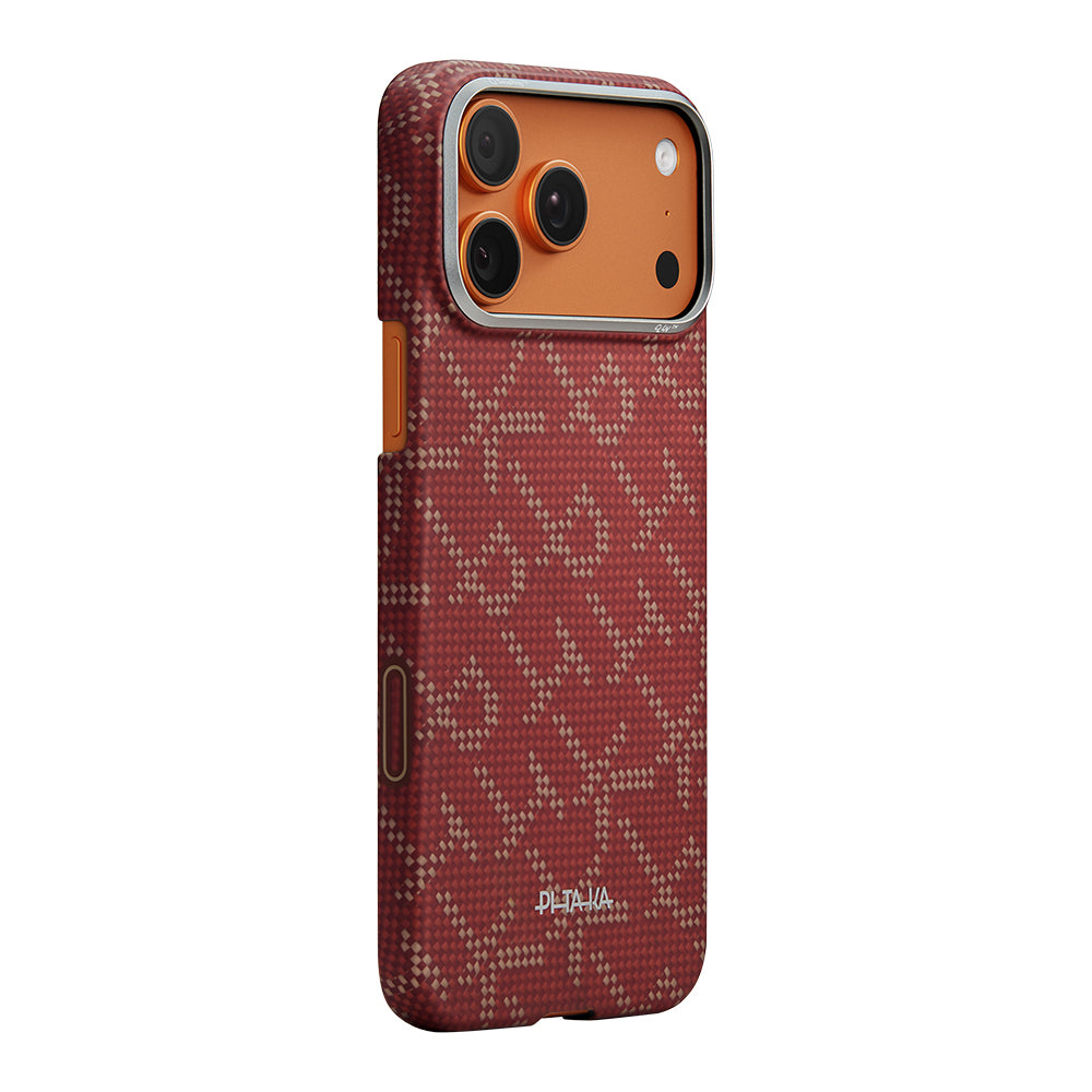 Apple iPhone 17 Pro Max Kılıf M-safe Şarj Özellikli Aramid Fiber Pitaka Tactile Woven Monogram Serisi Kapak Kırmızı