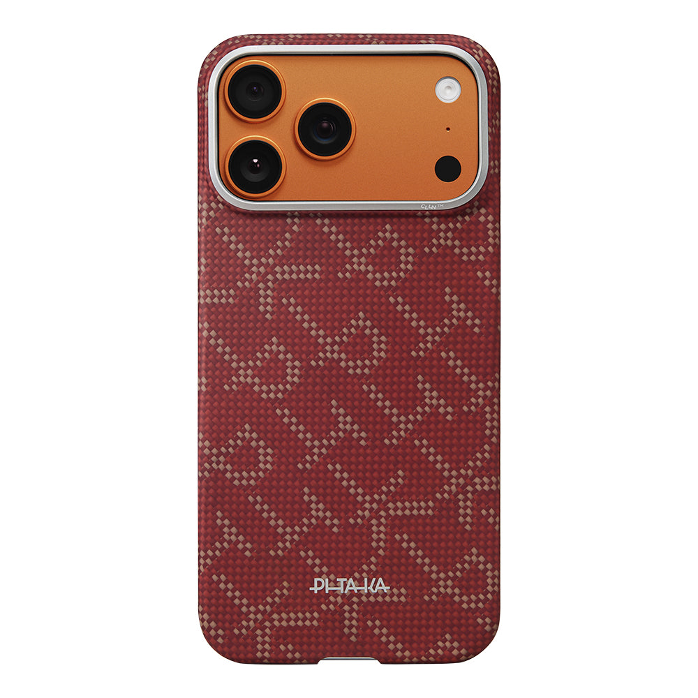 Apple iPhone 17 Pro Max Kılıf M-safe Şarj Özellikli Aramid Fiber Pitaka Tactile Woven Monogram Serisi Kapak Kırmızı