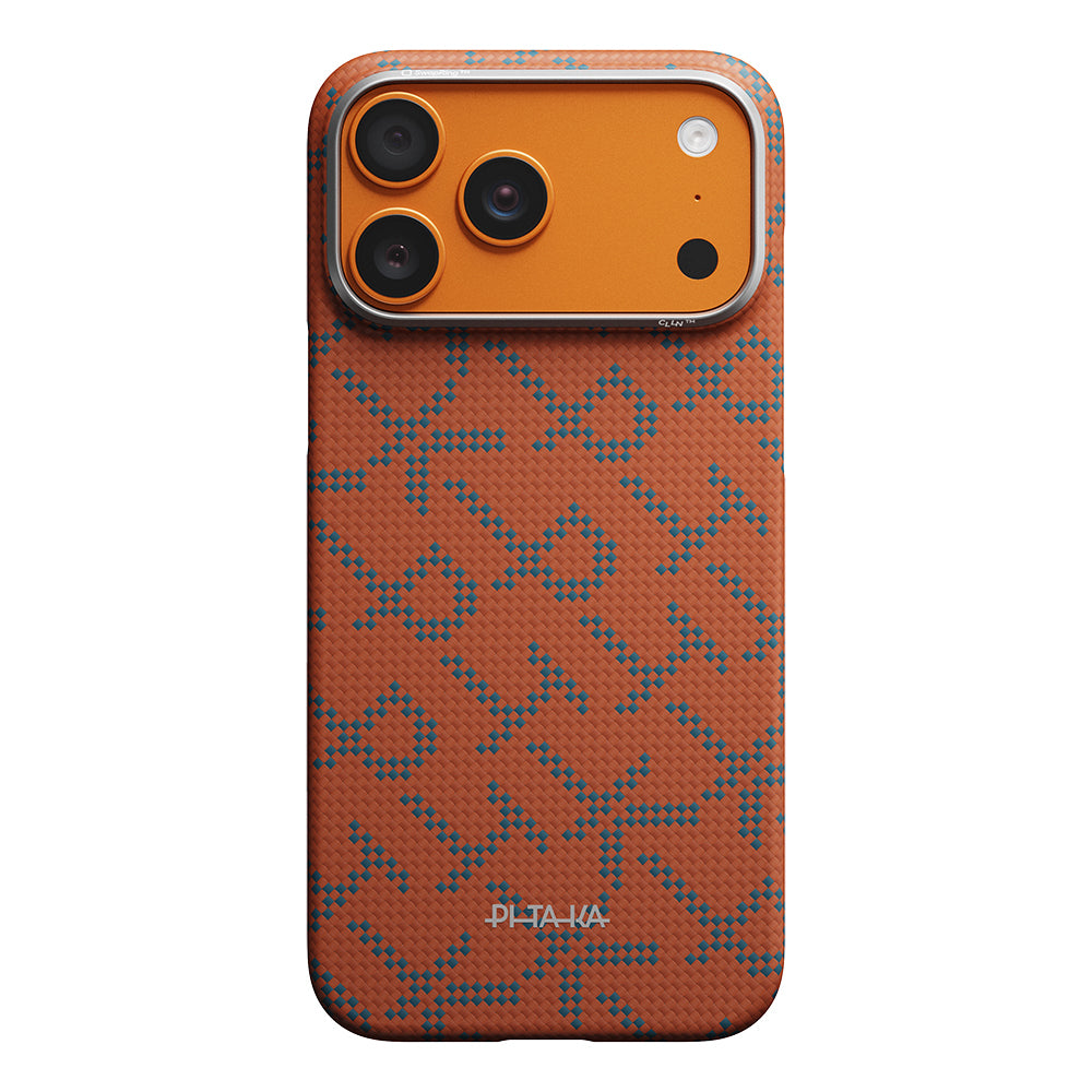 Apple iPhone 17 Pro Max Kılıf M-safe Şarj Özellikli Aramid Fiber Pitaka Tactile Woven Monogram Serisi Kapak Mavi-Turuncu